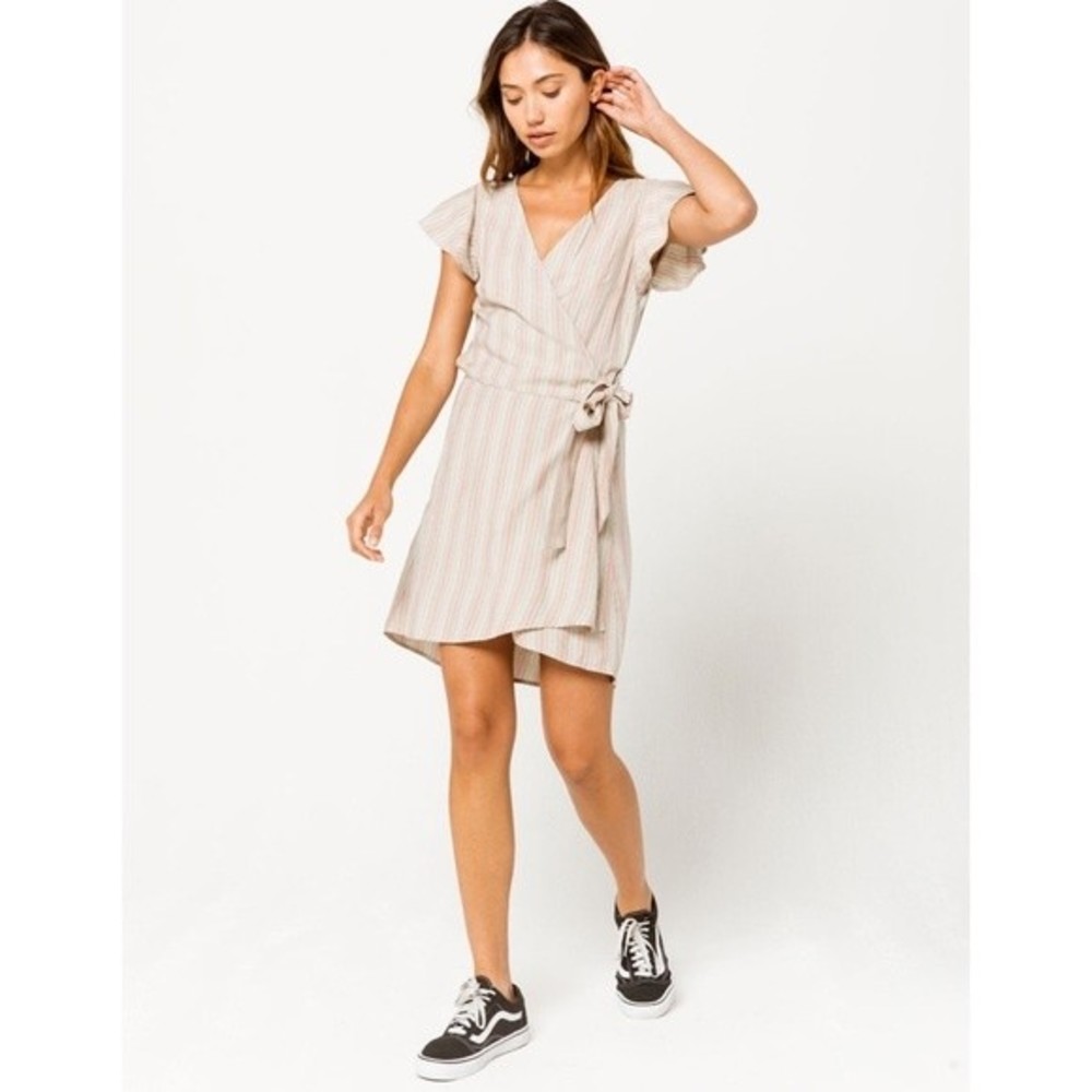 O’Neill Maurie Wrap Mini Dress Striped V Neck New Tags Medium - Picture 2 of 4